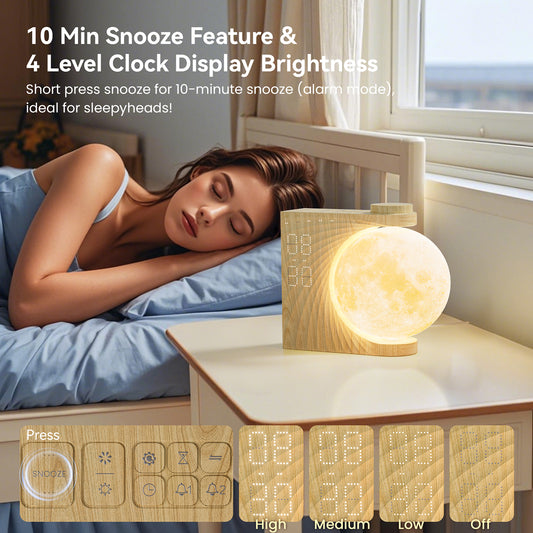 Rotatable Moonlight Alarm Clock, Sunrise Alarm Sleep Sound Machines, Night Lamp for Bedrooms with Snooze Function, 10 Light Effects, 30/60/90 Timer, 10 Sleep Nature Sounds, 15 Ringtones, 12 Volume