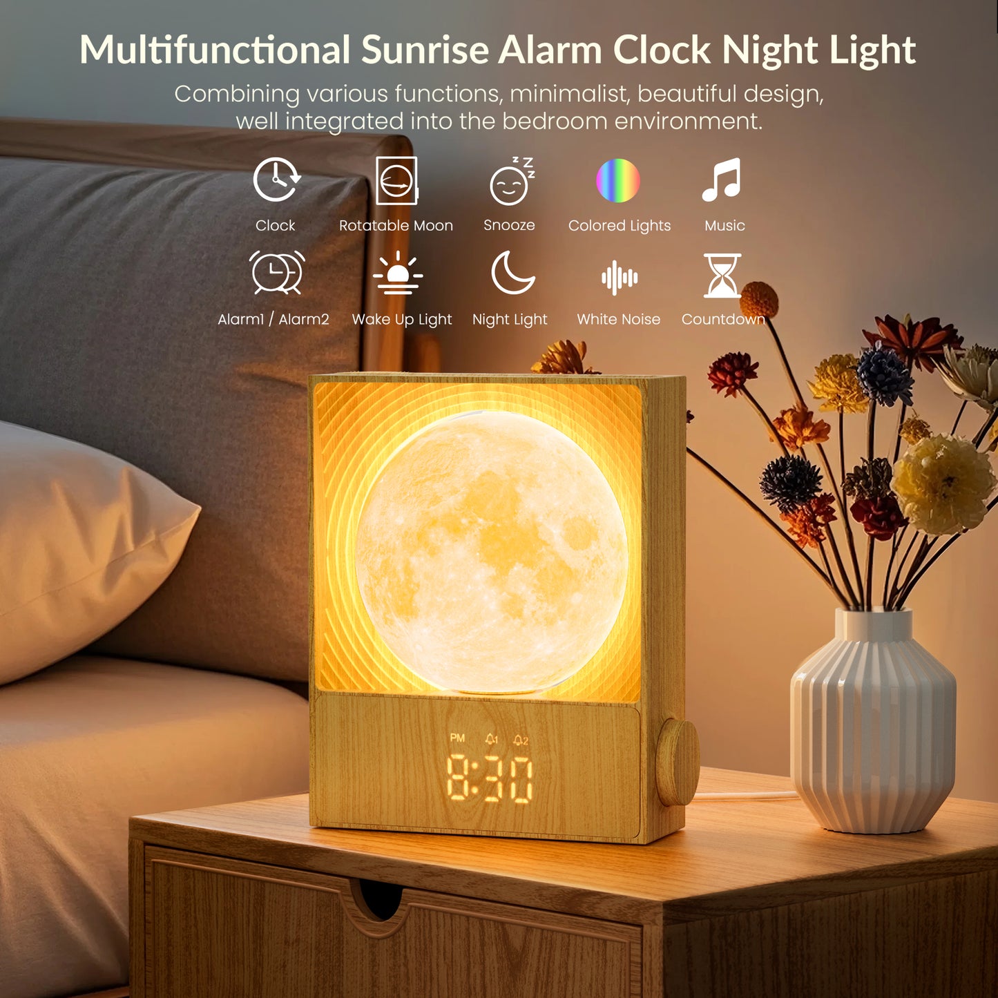 Sunrise Alarm Clocks for Heavy Sleepers,Rotatable Moon Light with Gentle Wake-Up,Clock Night Lamp for Bedrooms - Snooze,10 Light Effects,10 Nature Sounds,15 Ringtones for Adults,Kids,Nursery