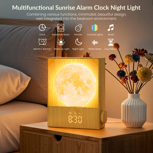 Sunrise Alarm Clocks for Heavy Sleepers,Rotatable Moon Light with Gentle Wake-Up,Clock Night Lamp for Bedrooms - Snooze,10 Light Effects,10 Nature Sounds,15 Ringtones for Adults,Kids,Nursery