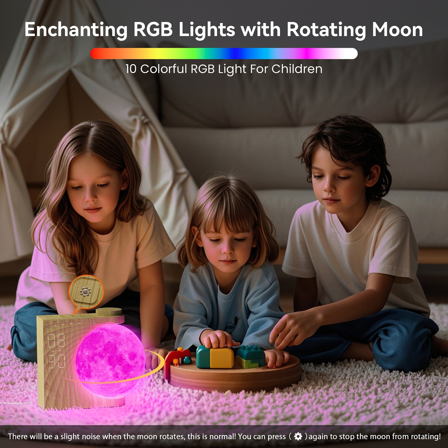 Rotatable Moonlight Alarm Clock, Sunrise Alarm Sleep Sound Machines, Night Lamp for Bedrooms with Snooze Function, 10 Light Effects, 30/60/90 Timer, 10 Sleep Nature Sounds, 15 Ringtones, 12 Volume