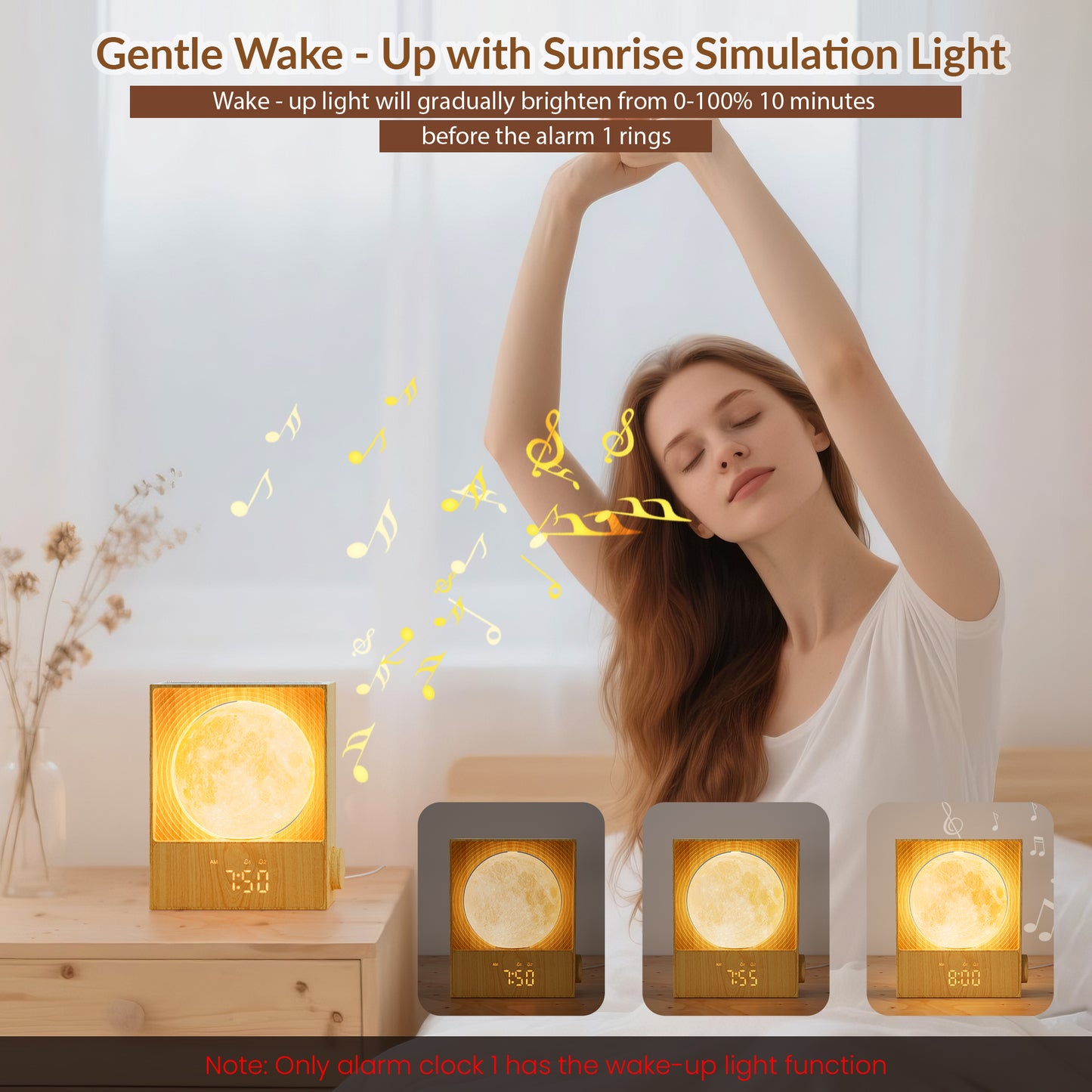Sunrise Alarm Clocks for Heavy Sleepers,Rotatable Moon Light with Gentle Wake-Up,Clock Night Lamp for Bedrooms - Snooze,10 Light Effects,10 Nature Sounds,15 Ringtones for Adults,Kids,Nursery