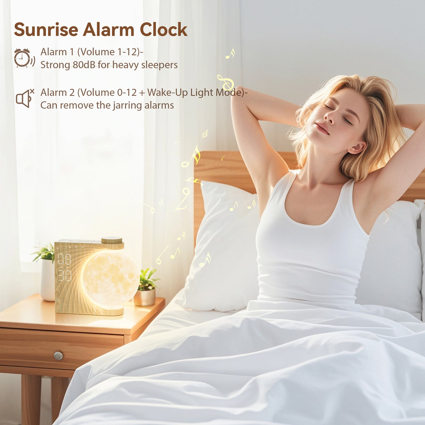 Rotatable Moonlight Alarm Clock, Sunrise Alarm Sleep Sound Machines, Night Lamp for Bedrooms with Snooze Function, 10 Light Effects, 30/60/90 Timer, 10 Sleep Nature Sounds, 15 Ringtones, 12 Volume