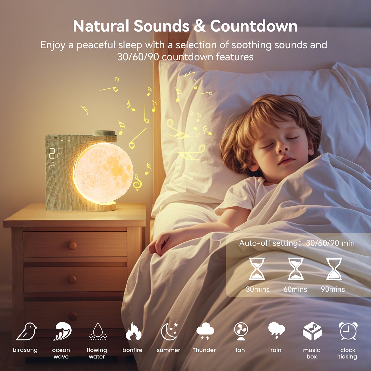 Rotatable Moonlight Alarm Clock, Sunrise Alarm Sleep Sound Machines, Night Lamp for Bedrooms with Snooze Function, 10 Light Effects, 30/60/90 Timer, 10 Sleep Nature Sounds, 15 Ringtones, 12 Volume