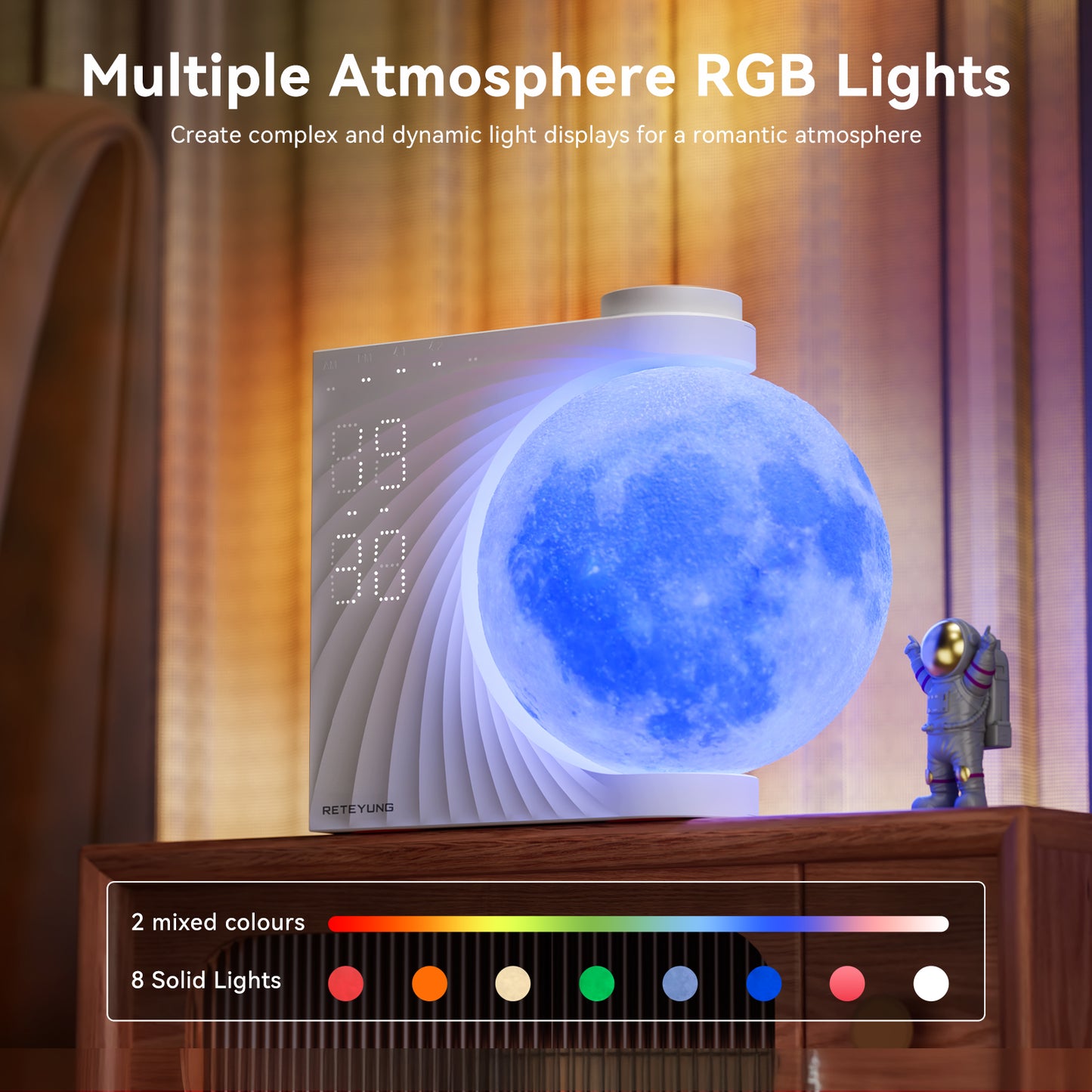 Sunrise Alarm Clocks for Heavy Sleepers,Night Lamp Clocks for Bedrooms with Moon Light,10 Light Effects,30/60/90 Timer,10 Sleep Nature Sounds,15 Ringtones,12 Volume Control with Snooze Function