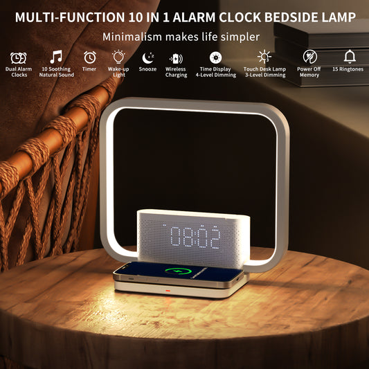 Sunrise Alarm Clock for Heavy Sleepers,Touch Lamps for Nightstand with Wireless Charger Station for iPhone/Samsung,Sound Machine,Wake Up Light with Snooze/Timer/10 Natural Sounds/3 Dimmable