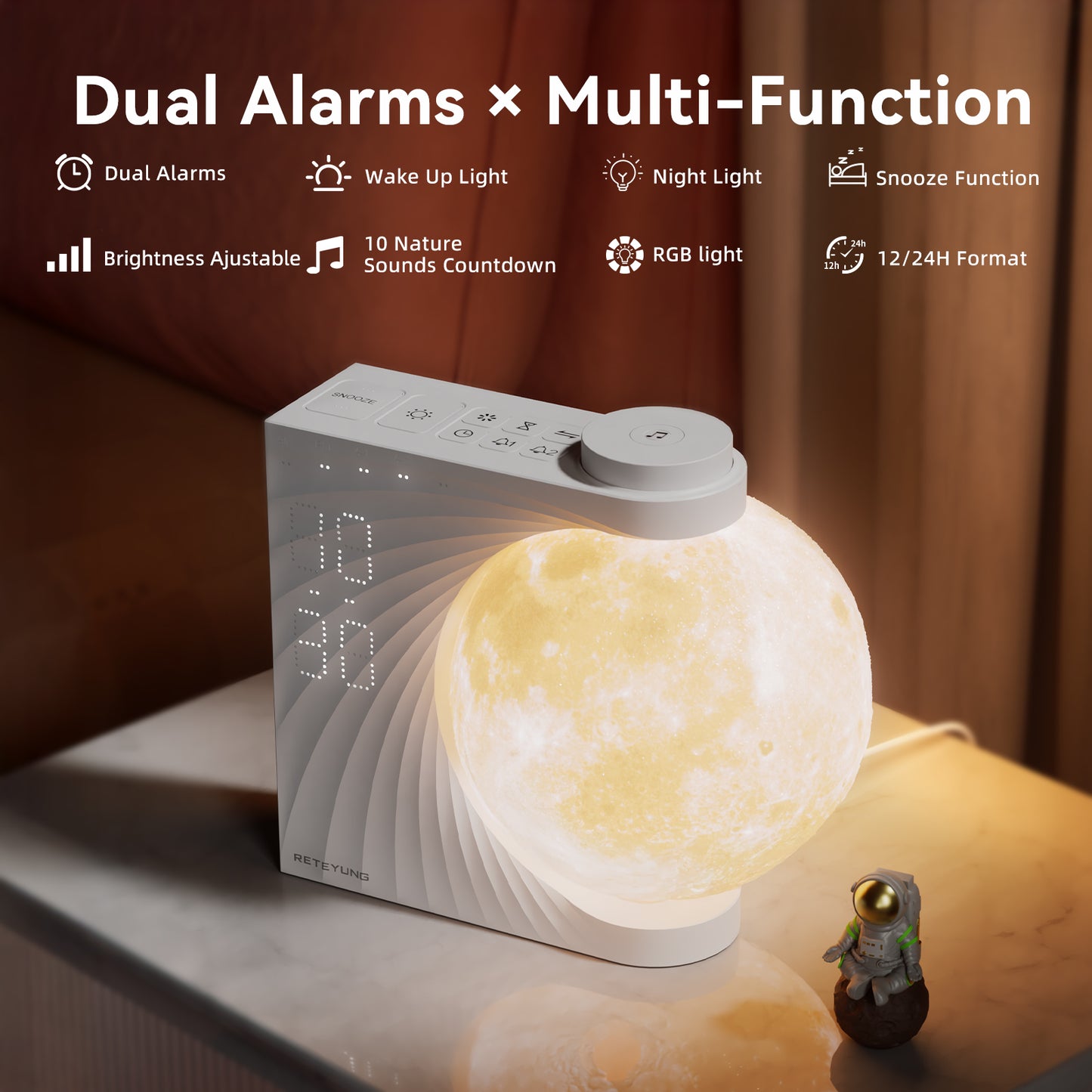 Sunrise Alarm Clocks for Heavy Sleepers,Night Lamp Clocks for Bedrooms with Moon Light,10 Light Effects,30/60/90 Timer,10 Sleep Nature Sounds,15 Ringtones,12 Volume Control with Snooze Function