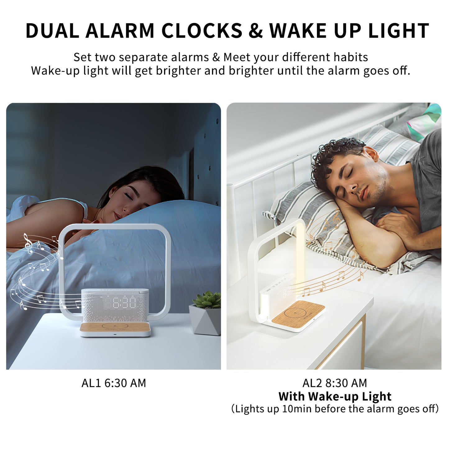 Sunrise Alarm Clock for Heavy Sleepers,Touch Lamps for Nightstand with Wireless Charger Station for iPhone/Samsung,Sound Machine,Wake Up Light with Snooze/Timer/10 Natural Sounds/3 Dimmable