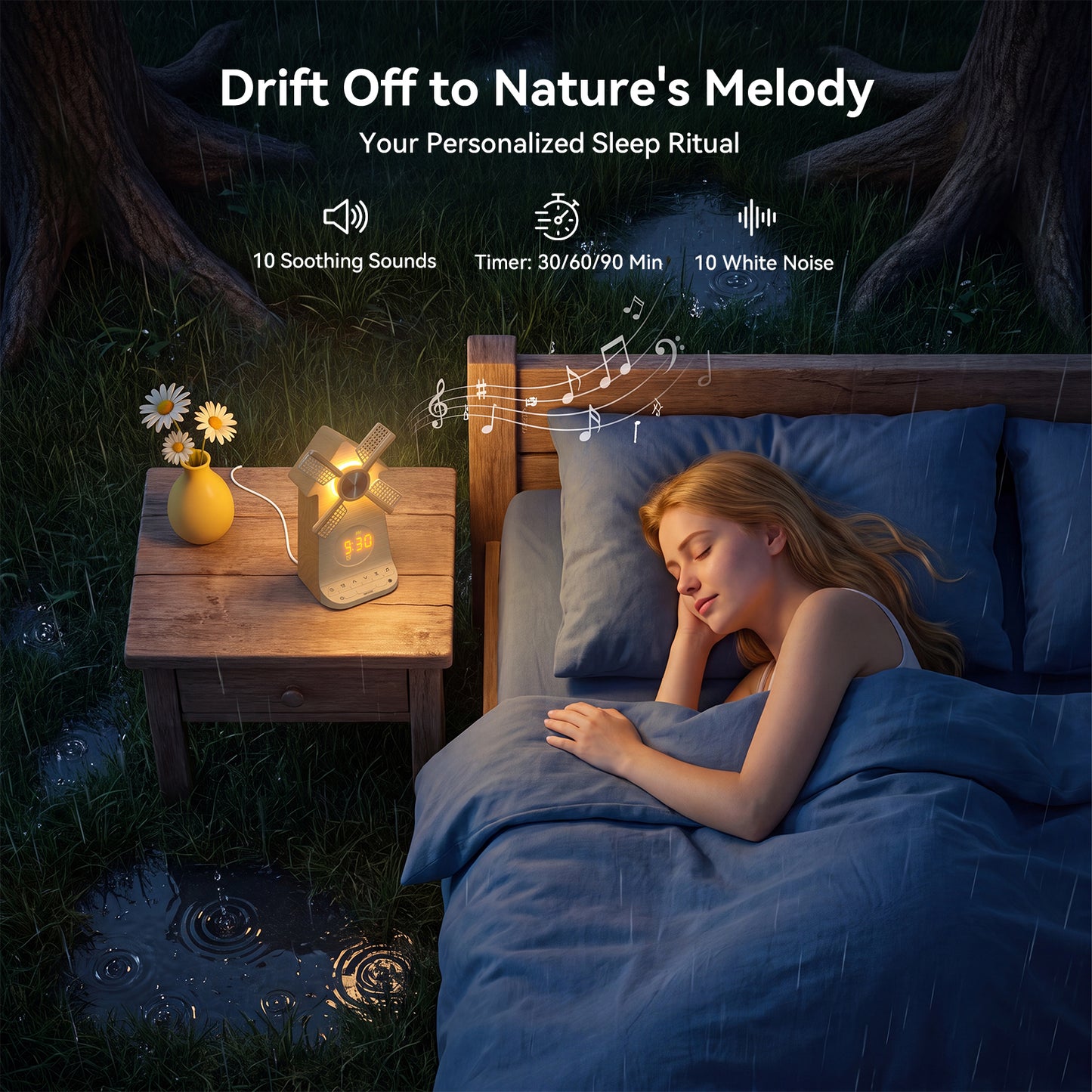 Sunrise Alarm Clock with Rotating Windmill, White Noise Machine for Sleeping with 20 Soothing Sounds, Sound Machine Alarm Clock for Bedrooms Kids Adults, 3-Level Night Light, USB Charger Port