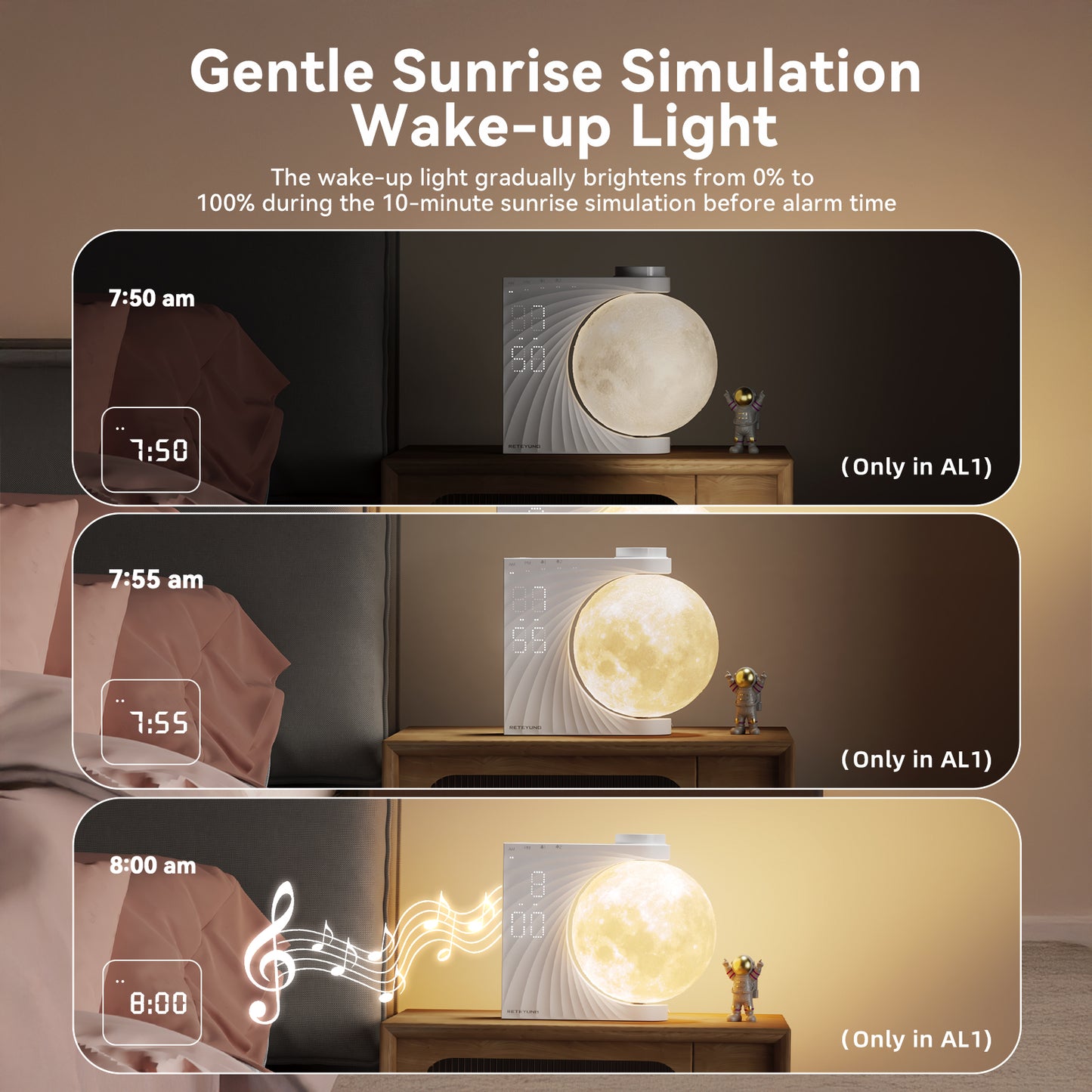 Sunrise Alarm Clocks for Heavy Sleepers,Night Lamp Clocks for Bedrooms with Moon Light,10 Light Effects,30/60/90 Timer,10 Sleep Nature Sounds,15 Ringtones,12 Volume Control with Snooze Function