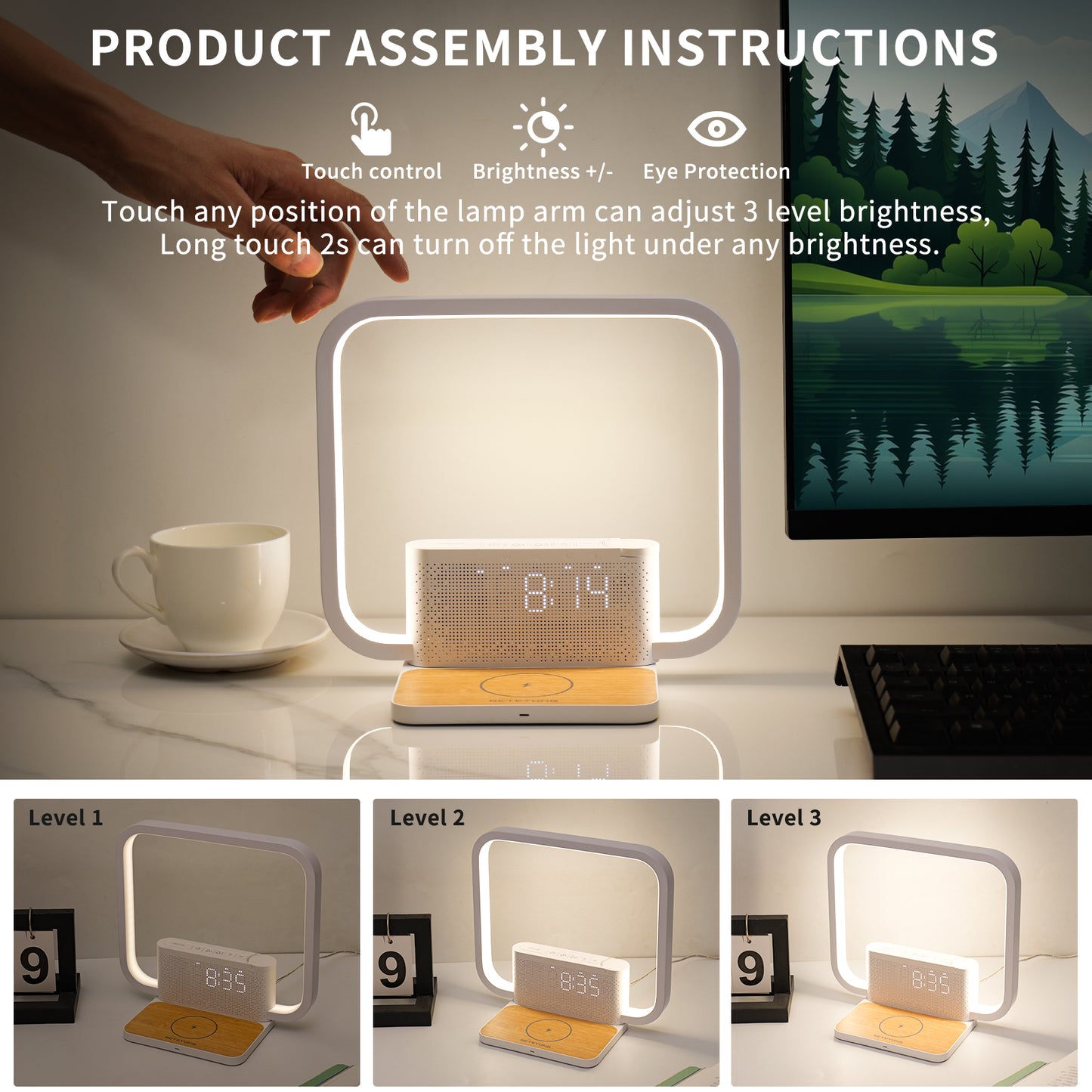 Sunrise Alarm Clock for Heavy Sleepers,Touch Lamps for Nightstand with Wireless Charger Station for iPhone/Samsung,Sound Machine,Wake Up Light with Snooze/Timer/10 Natural Sounds/3 Dimmable