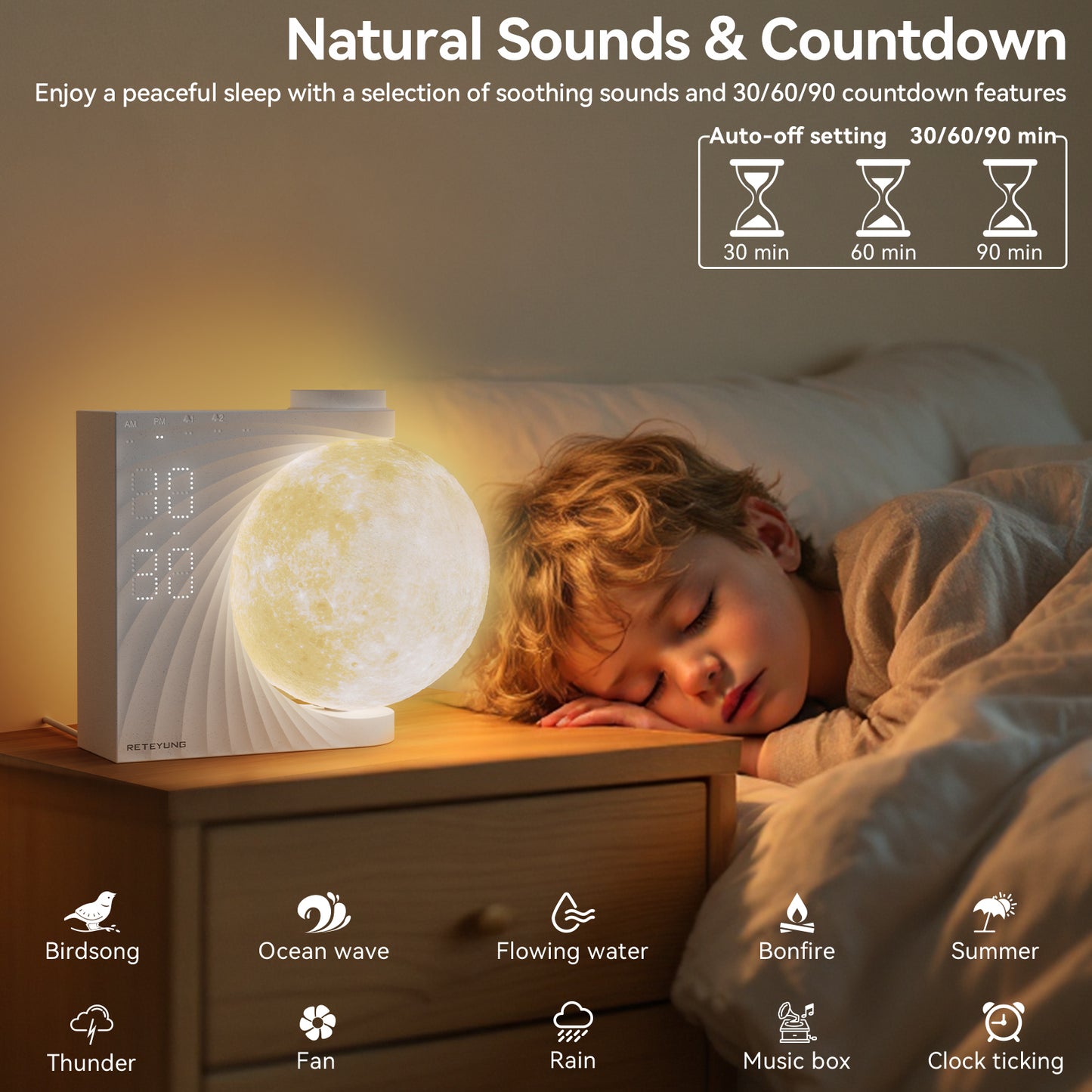 Sunrise Alarm Clocks for Heavy Sleepers,Night Lamp Clocks for Bedrooms with Moon Light,10 Light Effects,30/60/90 Timer,10 Sleep Nature Sounds,15 Ringtones,12 Volume Control with Snooze Function