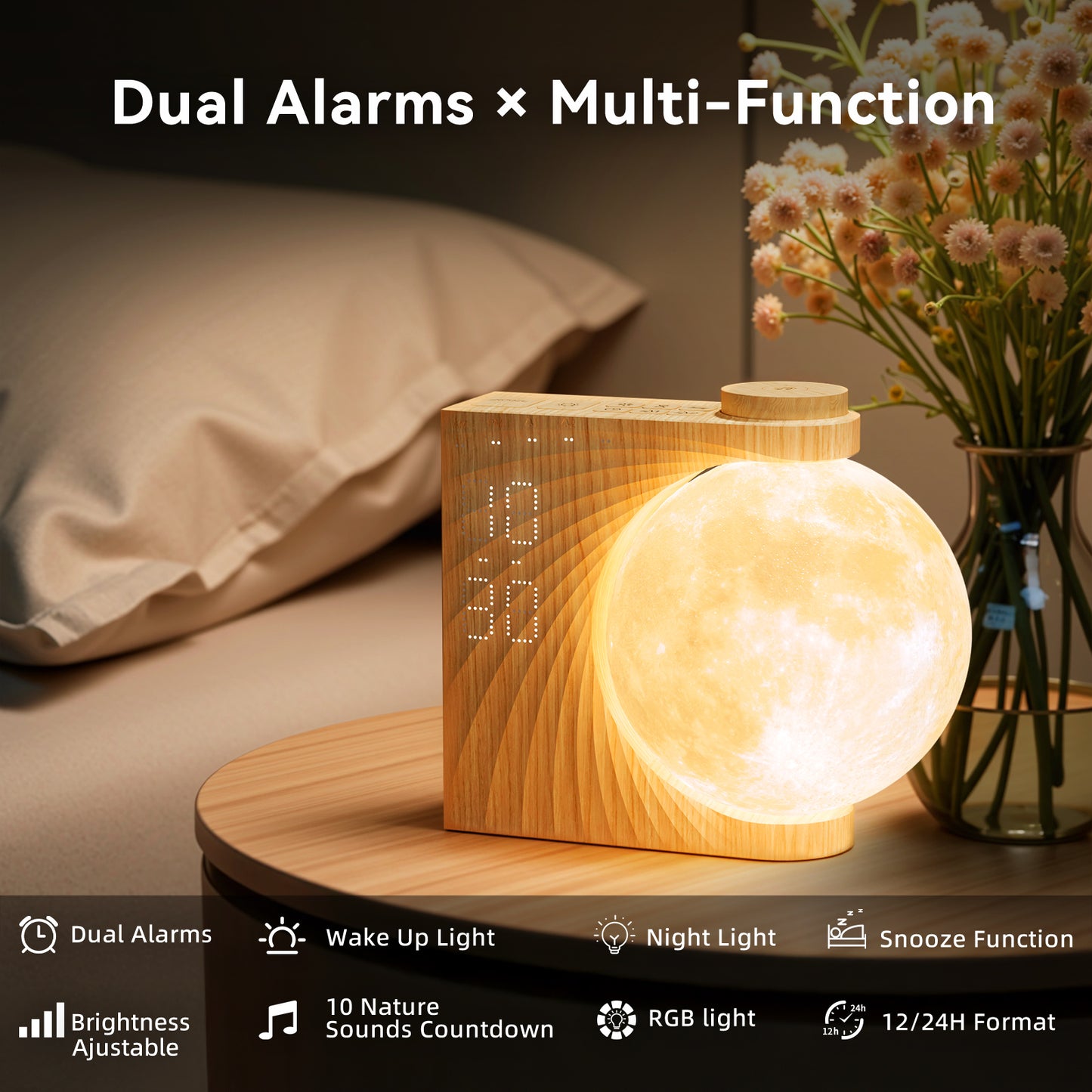 Sunrise Alarm Clocks for Heavy Sleepers,Night Lamp Clocks for Bedrooms with Moon Light,10 Light Effects,30/60/90 Timer,10 Sleep Nature Sounds,15 Ringtones,12 Volume Control with Snooze Function